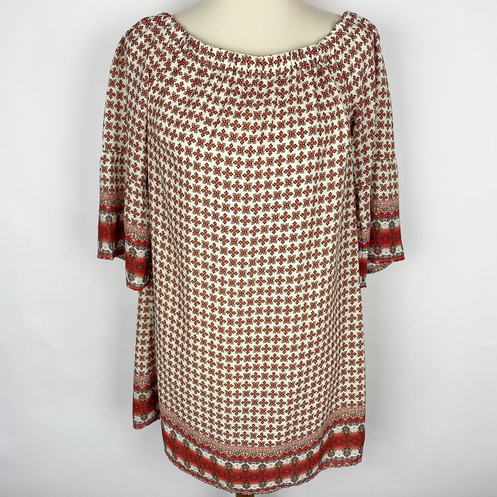 Carolina Belle Medallion Print Bell Sleeve Off Shoulder Shift Dress Womens 2
